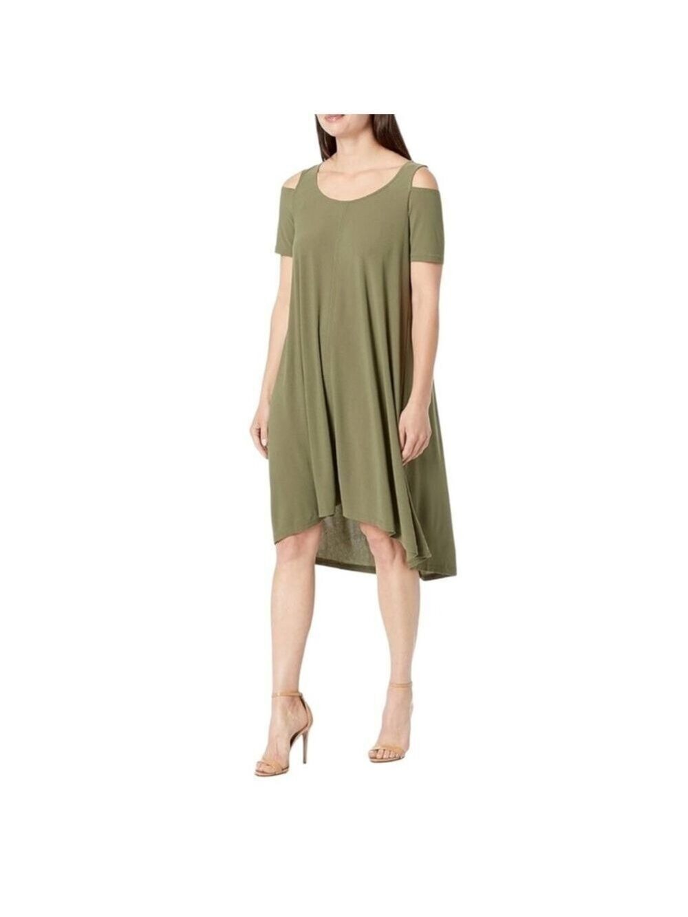 Jones New York NEW Large Olive Green Cold Shoulder Midi Dress High-Low Relaxed